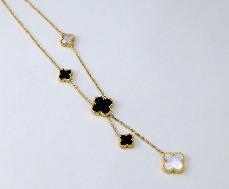 Reversible Onyx Mother Of Pearl Clover Necklace