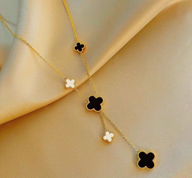Reversible Onyx Mother Of Pearl Clover Necklace