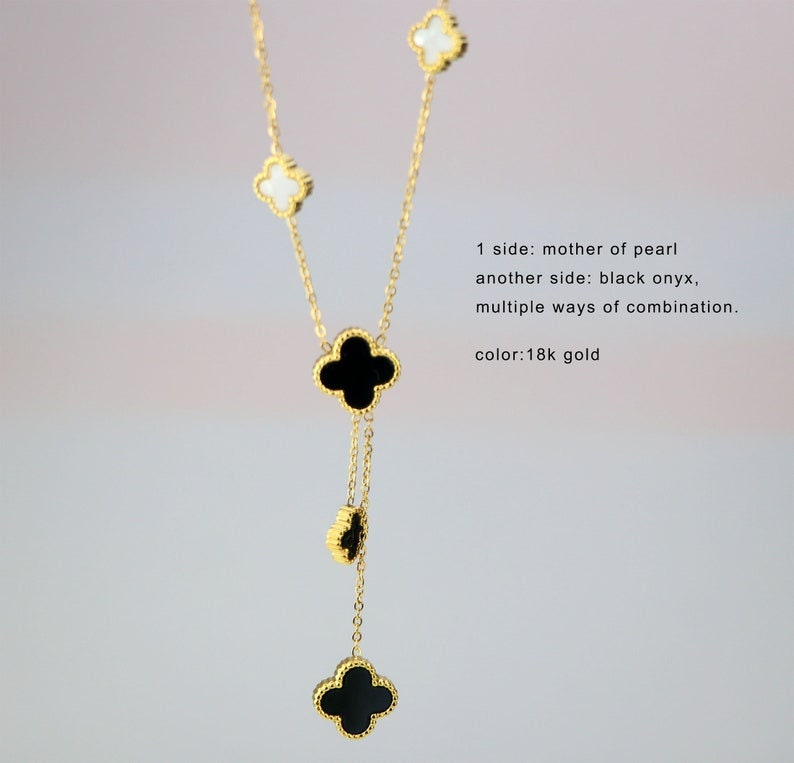 Reversible Onyx Mother Of Pearl Clover Necklace