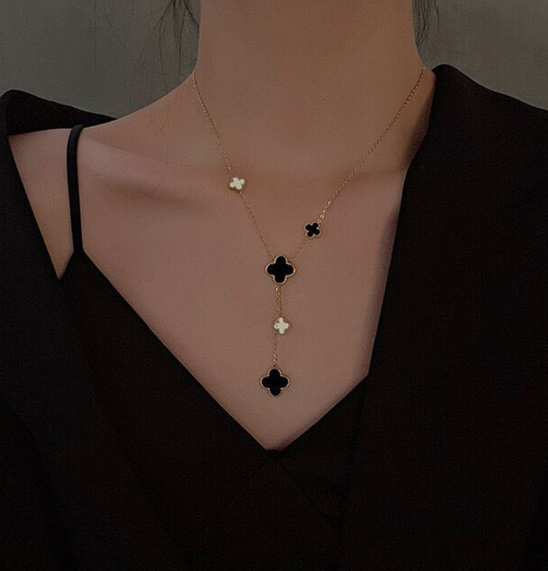 Reversible Onyx Mother Of Pearl Clover Necklace
