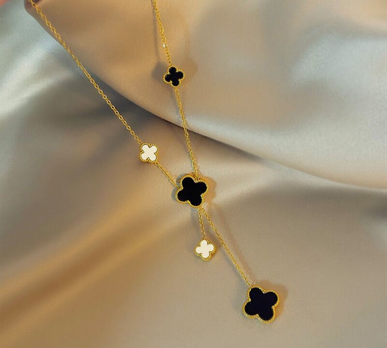 Reversible Onyx Mother Of Pearl Clover Necklace