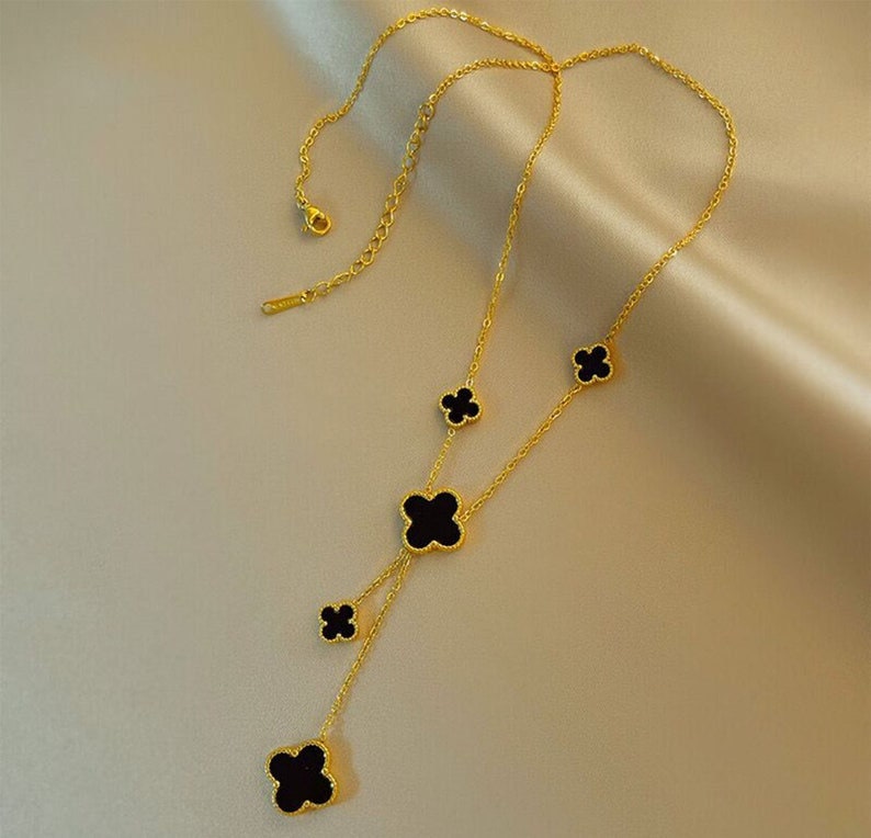 Reversible Onyx Mother Of Pearl Clover Necklace