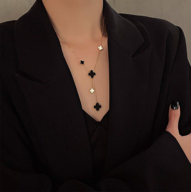 Reversible Onyx Mother Of Pearl Clover Necklace