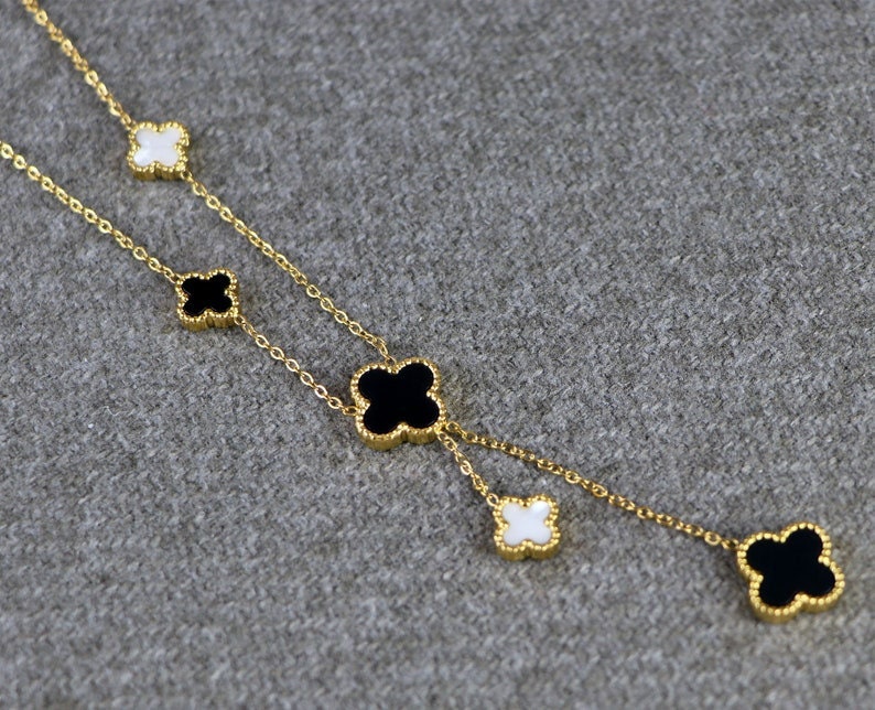 Reversible Onyx Mother Of Pearl Clover Necklace