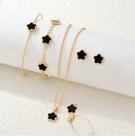 5 Piece Gold Onyx Clover Jewelry Sets