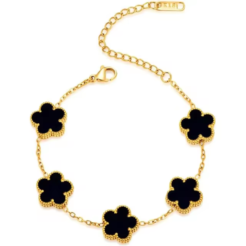 Gold Onyx Five Leaf Clover Bracelet