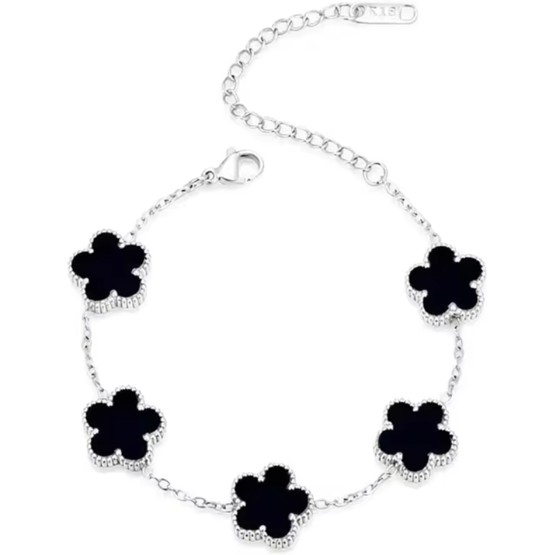 Silver Onyx Five Leaf Clover Bracelet