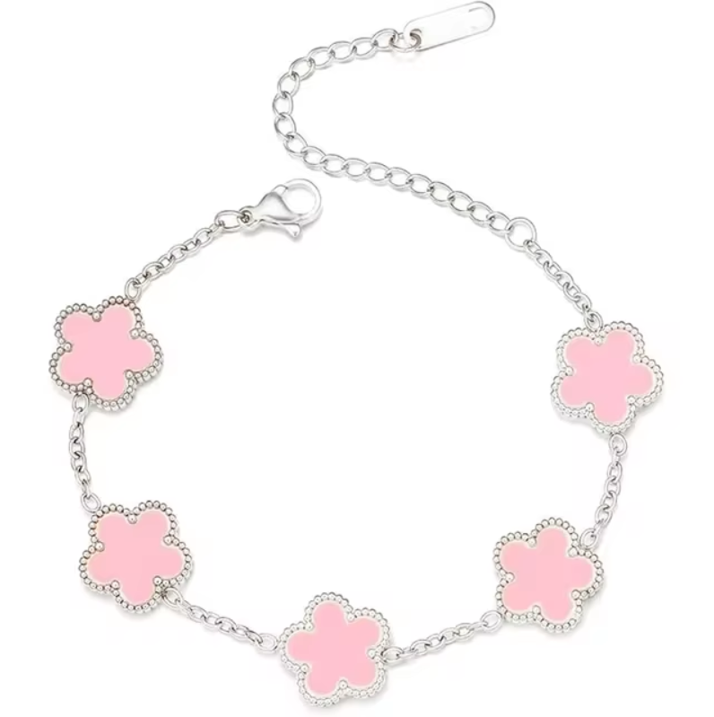 Silver Pink Porcelain Five Leaf Clover Bracelet