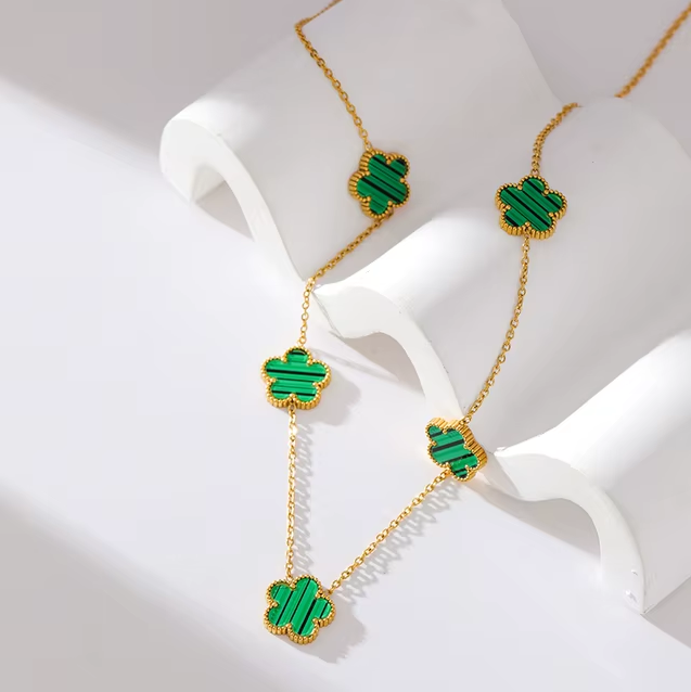 Gold Malachite Five Leaf Clover Necklace