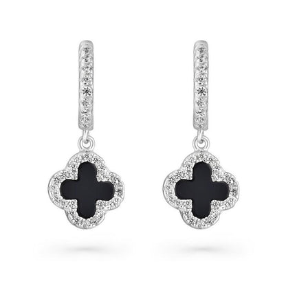 Silver Sparkling Onyx Clover Earrings